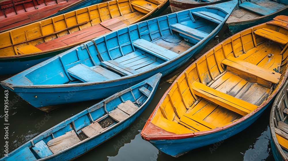 Colorful Wooden Boats Docked in Still Water. Colorful Wooden Boats Docked in Still Water.