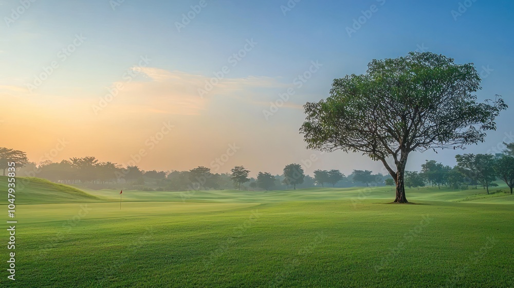 Morning Park Landscape with Trees and Green Field Morning Park Landscape with Trees and Green Field
