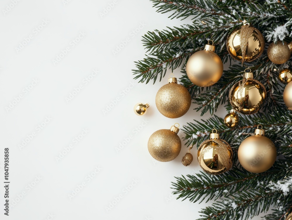 Elegant Golden Christmas Ornaments Close-Up on White Background, Festive Holiday Decor with Pine Tree Branch Elegant Golden Christmas Ornaments Close-Up on White Background, Festive Holiday Decor with Pine Tree Branch