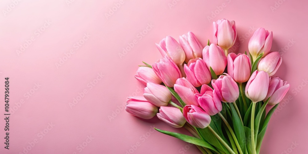 A bouquet of pink tulips arranged on a soft pink background, creating a delicate and feminine aesthetic. A bouquet of pink tulips arranged on a soft pink background, creating a delicate and feminine aesthetic.