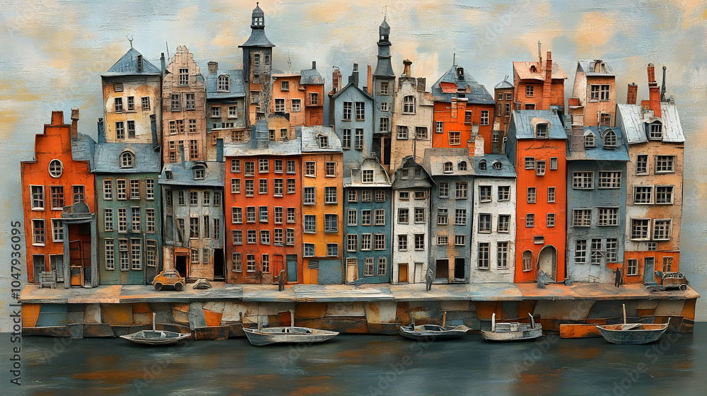 Naklejka premium Waterfront Town Illustration with Boats and Cloudy Sky