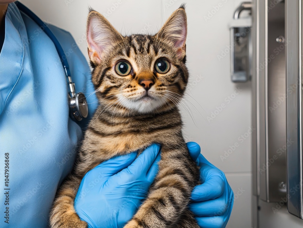 Intimate Close-Up of Trusting Tabby Cat in Veterinary Setting - Medical Scrubs, Tender Care, Veterinary Clinic Intimate Close-Up of Trusting Tabby Cat in Veterinary Setting - Medical Scrubs, Tender Care, Veterinary Clinic