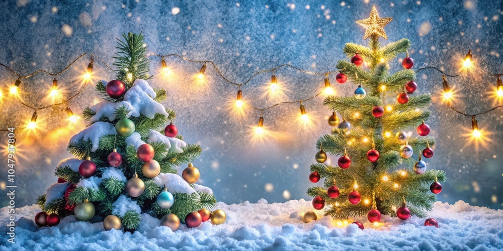 Two Christmas Trees Decorated with Lights and Ornaments, Standing in a Snowy Landscape with Falling Snow Two Christmas Trees Decorated with Lights and Ornaments, Standing in a Snowy Landscape with Falling Snow