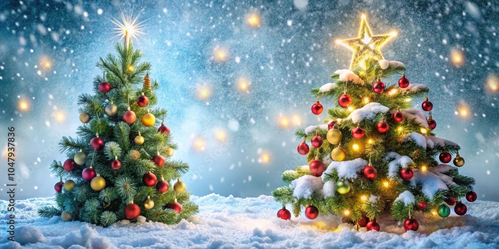 Obraz premium A Festive Winter Scene with Two Decorated Christmas Trees Standing in a Snowy Landscape, Decorated with Ornaments and Fairy Lights, Under a Night Sky Filled with Falling Snow.