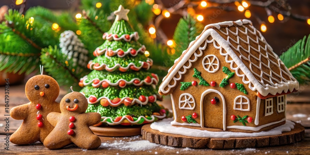 Obraz premium A festive gingerbread house adorned with white icing, nestled amidst a gingerbread Christmas tree and gingerbread men, evoking the warmth and cheer of the holiday season.