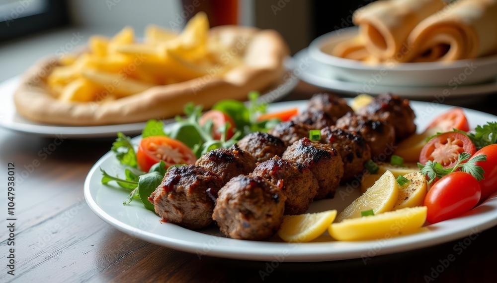 Delicious kebab meal with fresh vegetables and lemon wedges Delicious kebab meal with fresh vegetables and lemon wedges