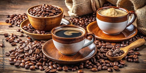 Wallpaper Mural A steaming cup of coffee sits on a wooden saucer surrounded by roasted coffee beans and a wooden spoon filled with more beans. Torontodigital.ca