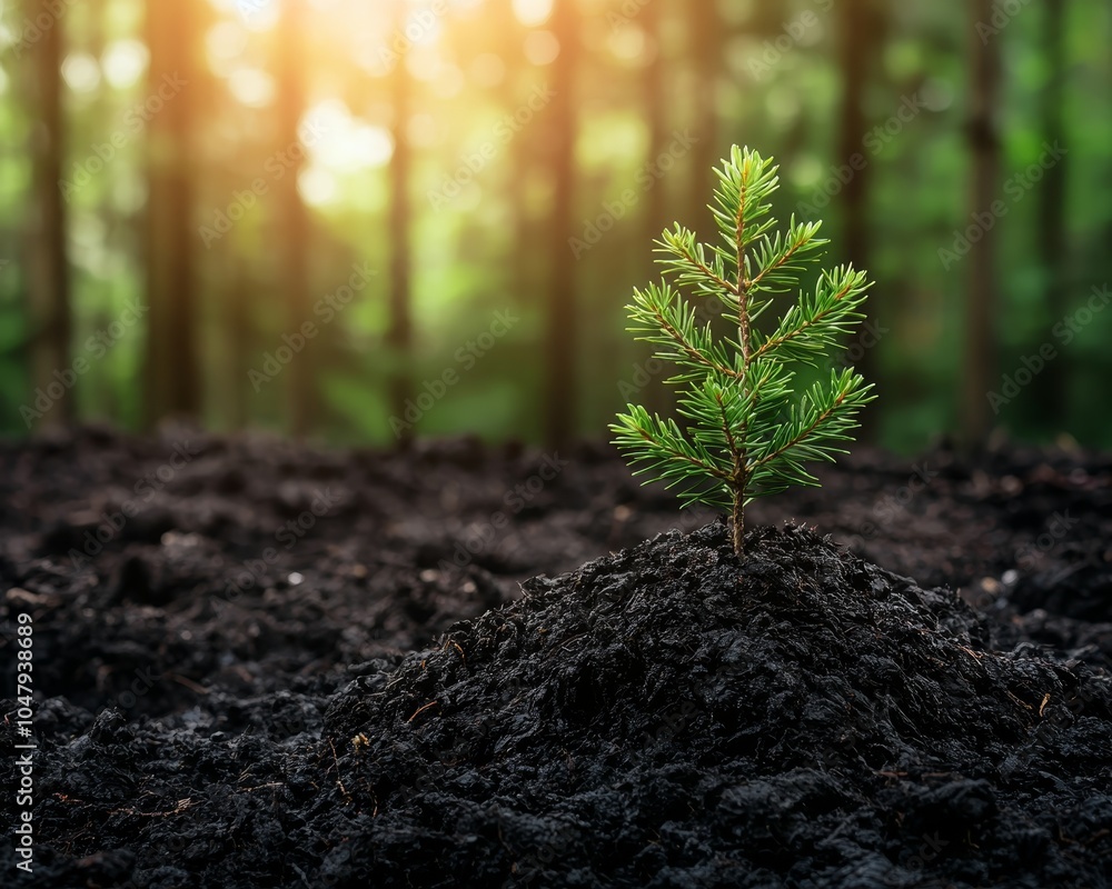 Vibrant Coniferous Sapling Fresh Growth in Rich Soil Amid Forest Hues Vibrant Coniferous Sapling Fresh Growth in Rich Soil Amid Forest Hues