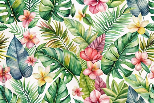 Wallpaper Mural Symmetrical tropical leaves flowers watercolor painting seamless pattern on white background Torontodigital.ca