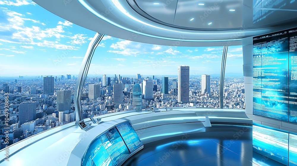Fototapeta premium Futuristic Control Room with City View and Digital Displays.