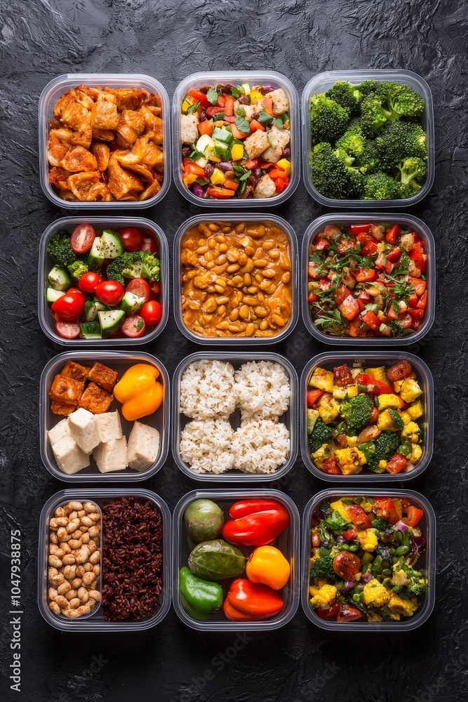 Vibrant Prepped Meal Grid on Textured Surface Colorful Food Containers Arrangement for Healthy Eating Plans - Symmetrical Food Composition Vibrant Prepped Meal Grid on Textured Surface Colorful Food Containers Arrangement for Healthy Eating Plans - Symmetrical Food Composition