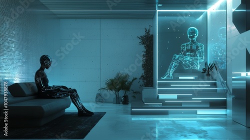 Advanced AI Interface in Futuristic Home : A sleek, minimalist home where a futuristic AI hologram assists a person with daily tasks