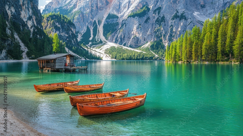 Boats on Braies Lake in the Dolomites Boats on Braies Lake in the Dolomites