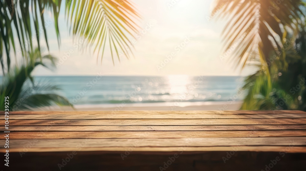 Wooden Table with Tropical Seascape Background Wooden Table with Tropical Seascape Background