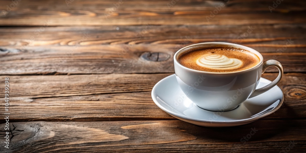 A cup of coffee with a heart shaped design on the foam sits on a wooden table A cup of coffee with a heart shaped design on the foam sits on a wooden table