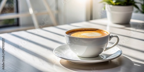 A cup of coffee with a creamy foam top sits on a white table, illuminated by warm sunlight streaming through a window, casting long shadows on the surface. photo