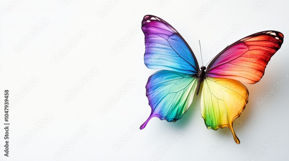 A beautiful rainbow butterfly with vibrant, gradient wings, displayed against a bright white background, showing the full spectrum of colors A beautiful rainbow butterfly with vibrant, gradient wings, displayed against a bright white background, showing the full spectrum of colors
