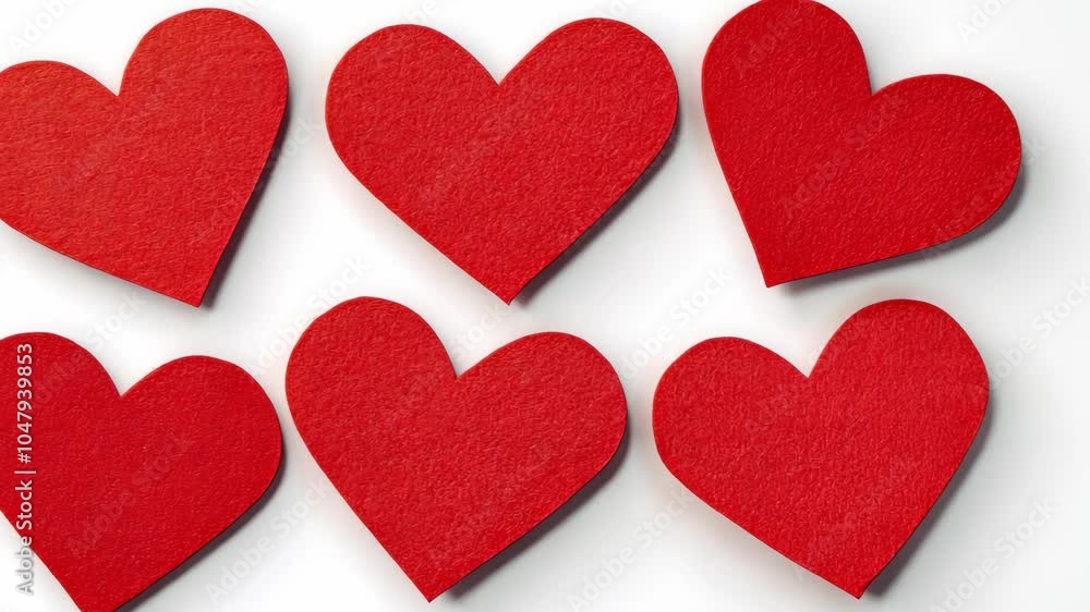 Six red felt hearts are arranged on a white background Six red felt hearts are arranged on a white background