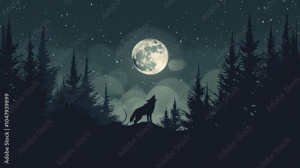 A Lone Wolf Howls Under a Full Moon in a Dark Forest A Lone Wolf Howls Under a Full Moon in a Dark Forest