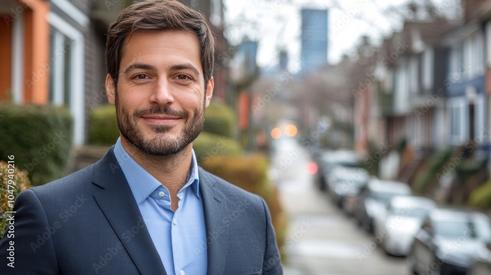 Professional Real Estate Broker Standing in Front of Luxurious Home, Showcasing High-End Housing Opportunities and Personalized Property Services Professional Real Estate Broker Standing in Front of Luxurious Home, Showcasing High-End Housing Opportunities and Personalized Property Services