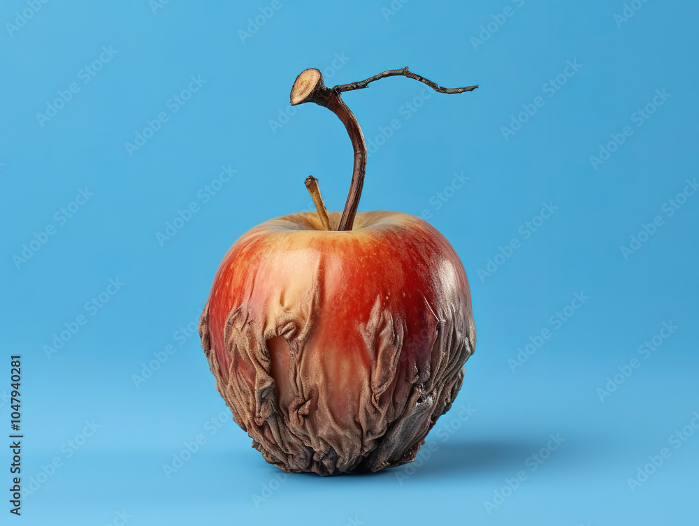 Obraz premium Old Dried Apple on Blue Background: Spoiled Fruit and Skin Aging Concept