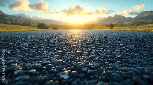 Asphalt Road Leading to a Mountain Sunset 3D Illustration photo