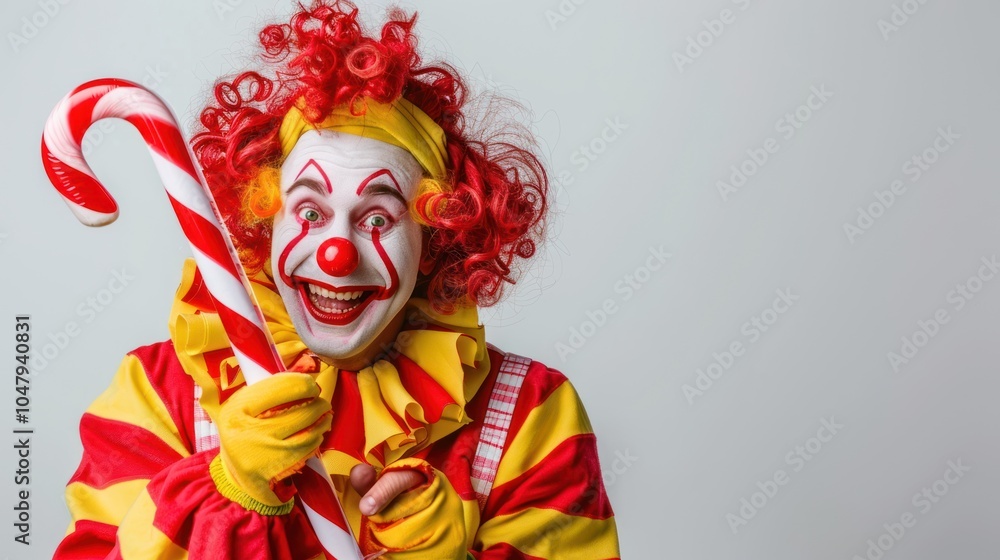 A cheerful clown with red curly hair holding a candy cane A cheerful clown with red curly hair holding a candy cane