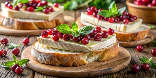 A delectable appetizer of creamy brie cheese on toasted bread, topped with fresh cranberries and basil leaves, resting on a rustic wooden board. photo