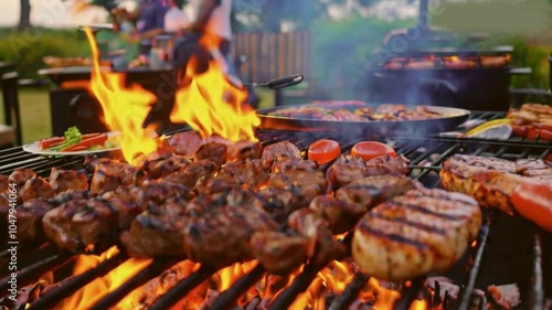 A vibrant outdoor braai scene in South Africa, featuring a grill loaded with a variety of meats including sausages, steaks, and chicken, all sizzling over open flames High quality HD 4K Video Clip

