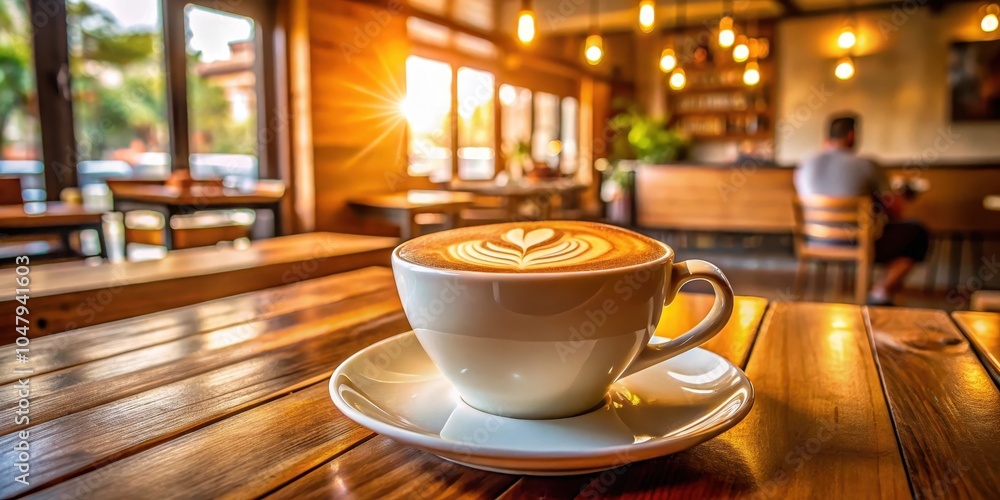 A steaming cup of latte art coffee on a wooden table in a sun-drenched cafe with a warm and inviting atmosphere. A steaming cup of latte art coffee on a wooden table in a sun-drenched cafe with a warm and inviting atmosphere.