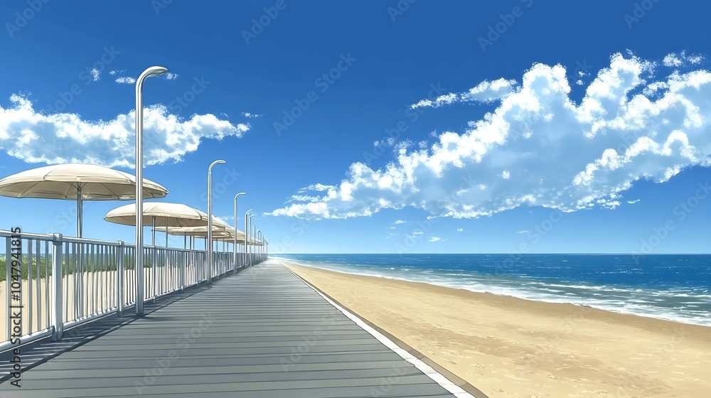 Obraz premium Beach boardwalk with blue sky and white clouds.