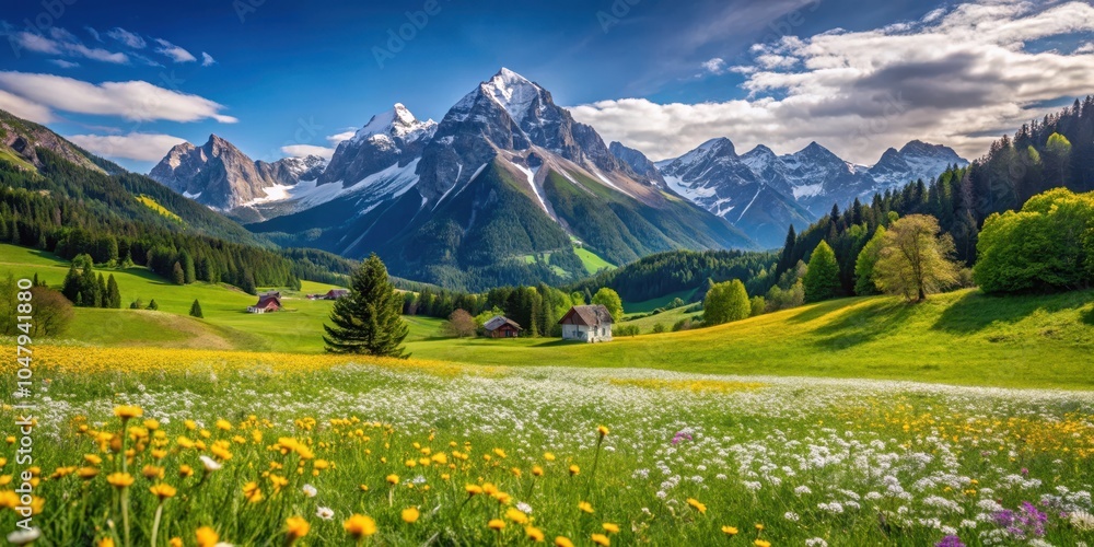 Fototapeta premium A vibrant meadow with a charming cottage nestled amidst blooming wildflowers, showcasing majestic snow-capped mountain peaks under a sky filled with fluffy clouds.