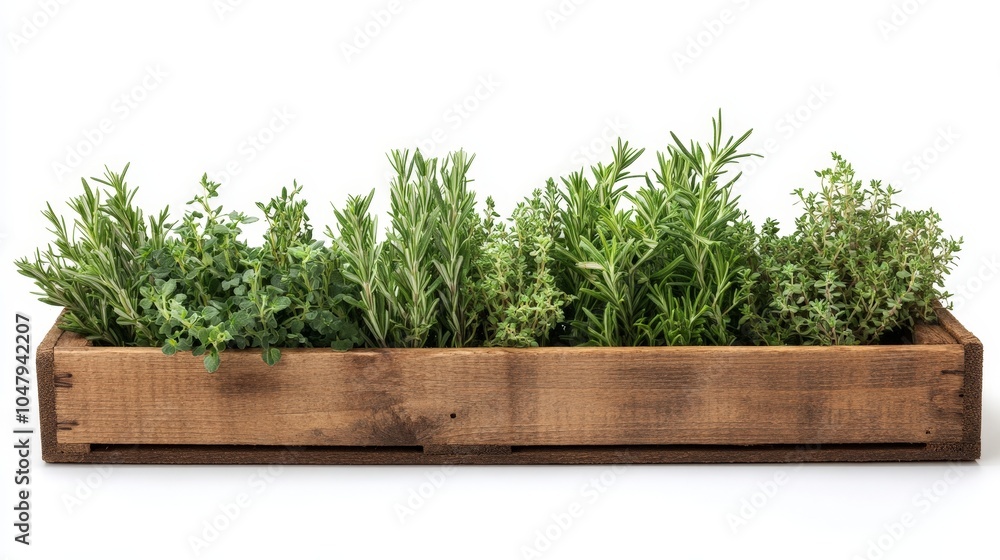 A collection of rosemary and other herbs displayed in a wooden crate, bringing a touch of rustic charm against a bright white backdrop A collection of rosemary and other herbs displayed in a wooden crate, bringing a touch of rustic charm against a bright white backdrop