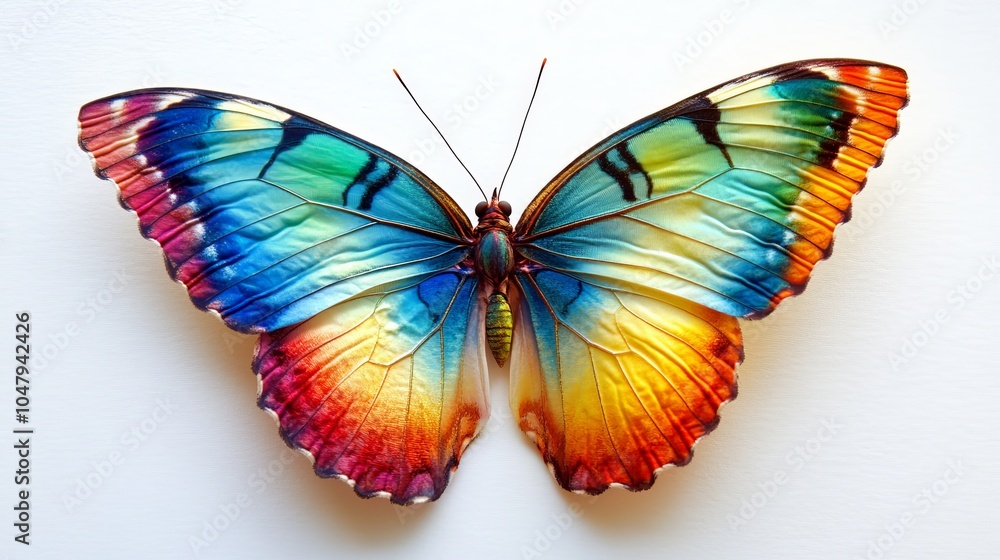 A colorful butterfly with rainbow-hued wings, gracefully resting against a bright white background, offering a pop of vibrant color A colorful butterfly with rainbow-hued wings, gracefully resting against a bright white background, offering a pop of vibrant color