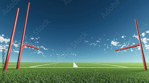 Two red rugby goal posts on a green field with a white line in front of a clear blue sky with white clouds.