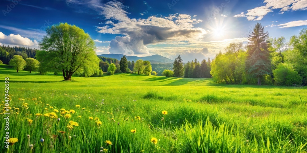 Obraz premium A lush green meadow bathed in the golden glow of the sun, with vibrant yellow wildflowers dotting the landscape, amidst a backdrop of towering trees and rolling hills.