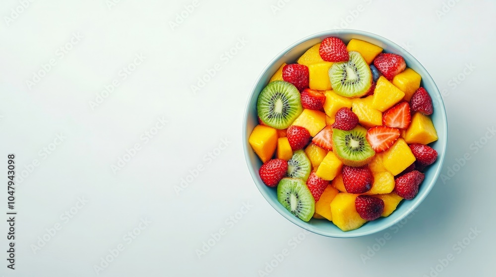A colorful fruit salad featuring mango, kiwi, and strawberries, artistically arranged in a bowl against a bright white background for a refreshing display A colorful fruit salad featuring mango, kiwi, and strawberries, artistically arranged in a bowl against a bright white background for a refreshing display