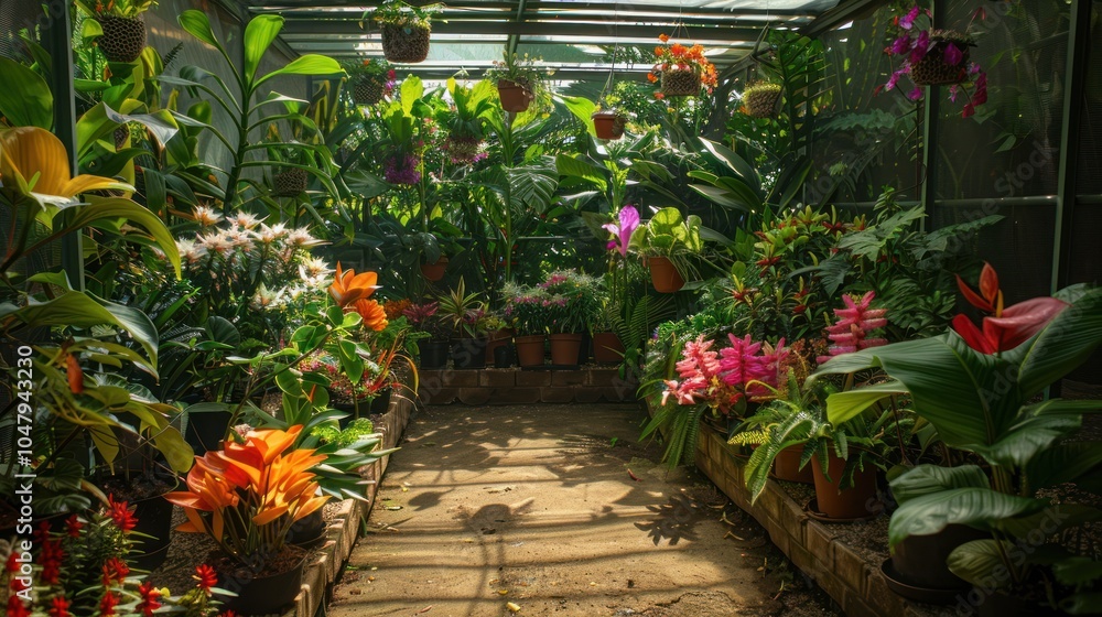 A Lush Green Greenhouse with Vibrant Flowers and Plants A Lush Green Greenhouse with Vibrant Flowers and Plants