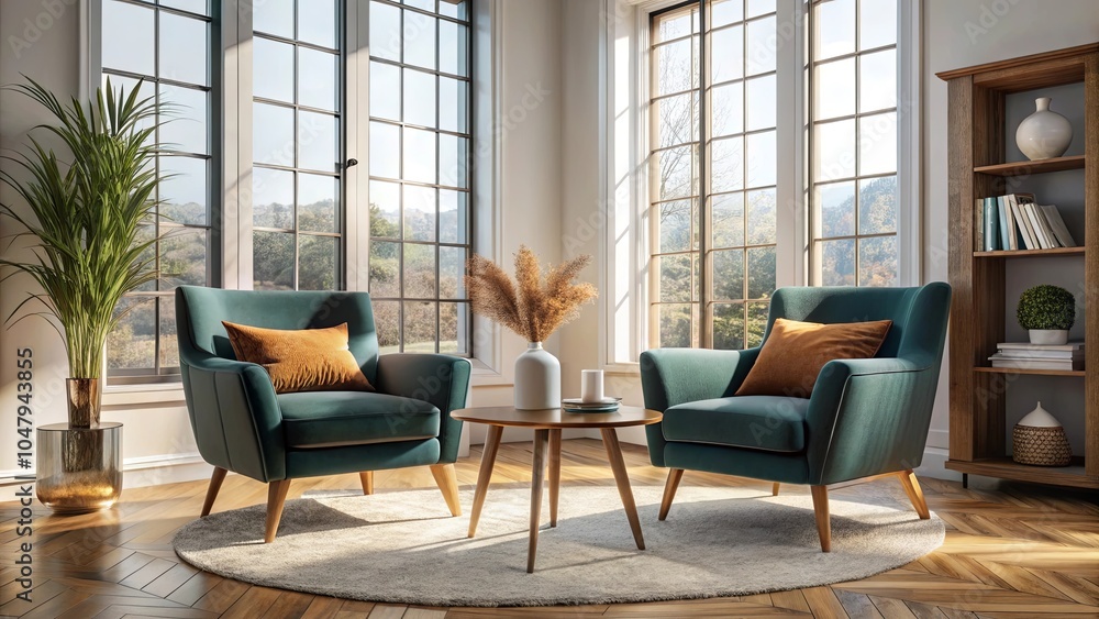 A sunlit living room with two plush armchairs, a round coffee table adorned with a vase of dried grasses, and a bookshelf holding a collection of books and decorative items. A sunlit living room with two plush armchairs, a round coffee table adorned with a vase of dried grasses, and a bookshelf holding a collection of books and decorative items.