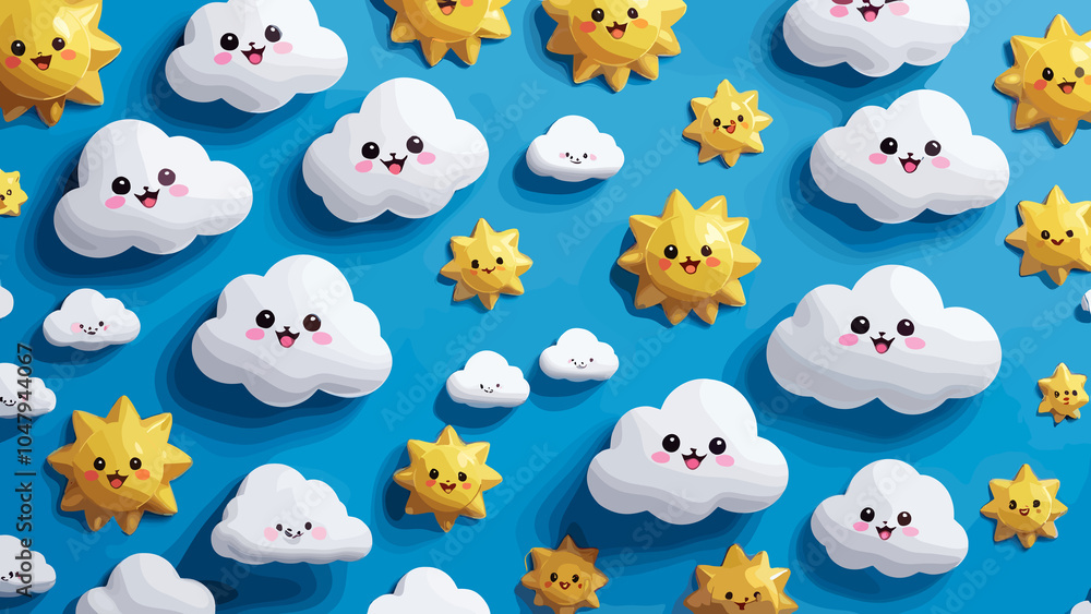 Colorful pattern featuring cheerful suns and fluffy clouds on a bright blue background, creating a playful and whimsical atmosphere Colorful pattern featuring cheerful suns and fluffy clouds on a bright blue background, creating a playful and whimsical atmosphere