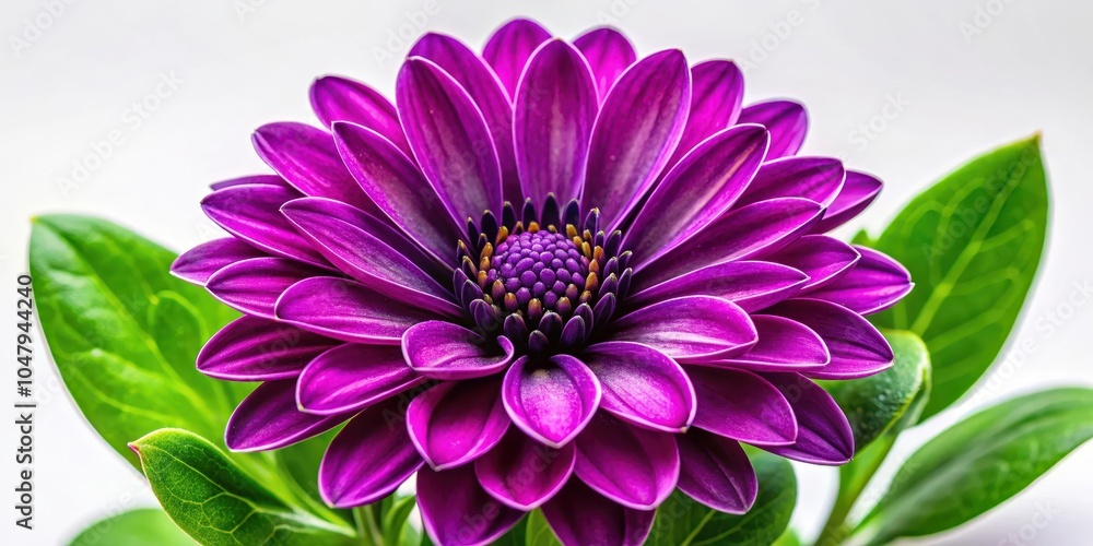 Obraz premium A vibrant purple flower with delicate petals and a center of golden pollen blooms against a crisp white background, showcasing the beauty of nature's artistry.