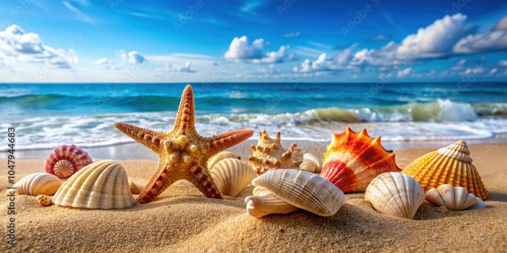 A starfish and assorted seashells rest on the beach, against a backdrop of a blue ocean and fluffy clouds. A starfish and assorted seashells rest on the beach, against a backdrop of a blue ocean and fluffy clouds.