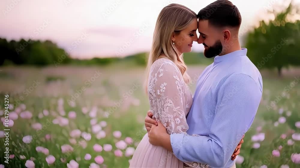 Romantic couple embracing in a blooming field at sunset. Romantic couple embracing in a blooming field at sunset.