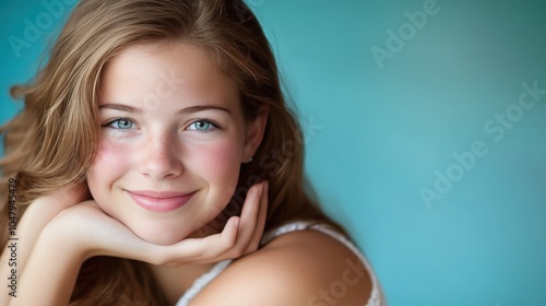 Cheerful Young Woman with Blue Background