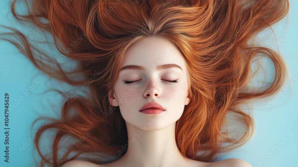 Fototapeta premium Gorgeous Redhead with Flowing Hair on Blue Background