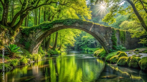 Sunlight filtering through the leaves illuminates a stone arch bridge over a tranquil stream in a verdant forest