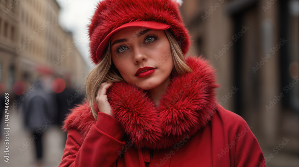 A beautiful model posing on a city street wearing a red fur hat and a red coat with a fur collar. She has blond hair and her head leans slightly to one side. A bustling city in the background. A beautiful model posing on a city street wearing a red fur hat and a red coat with a fur collar. She has blond hair and her head leans slightly to one side. A bustling city in the background.