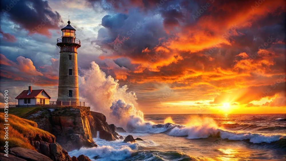 A Stone Sentinel Stands Guard Against a Fiery Sky, Crashing Waves Painting the Sea in Tones of White and Gold A Stone Sentinel Stands Guard Against a Fiery Sky, Crashing Waves Painting the Sea in Tones of White and Gold