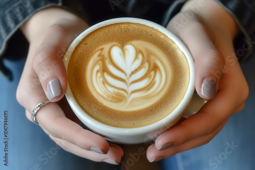 A person holding a cup of coffee with intricate latte art on top.