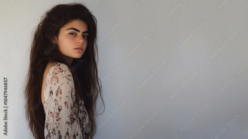 Young Woman with Long Hair in Floral Blouse Young Woman with Long Hair in Floral Blouse